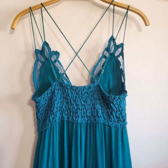Free People Adella turquoise Slip Lace trim Dress Size S Asymmetric Boho Fairy - Picture 7 of 16